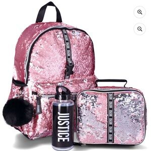 NWT. Justice girls’ sequined 4-piece backpack set. Rose Gold